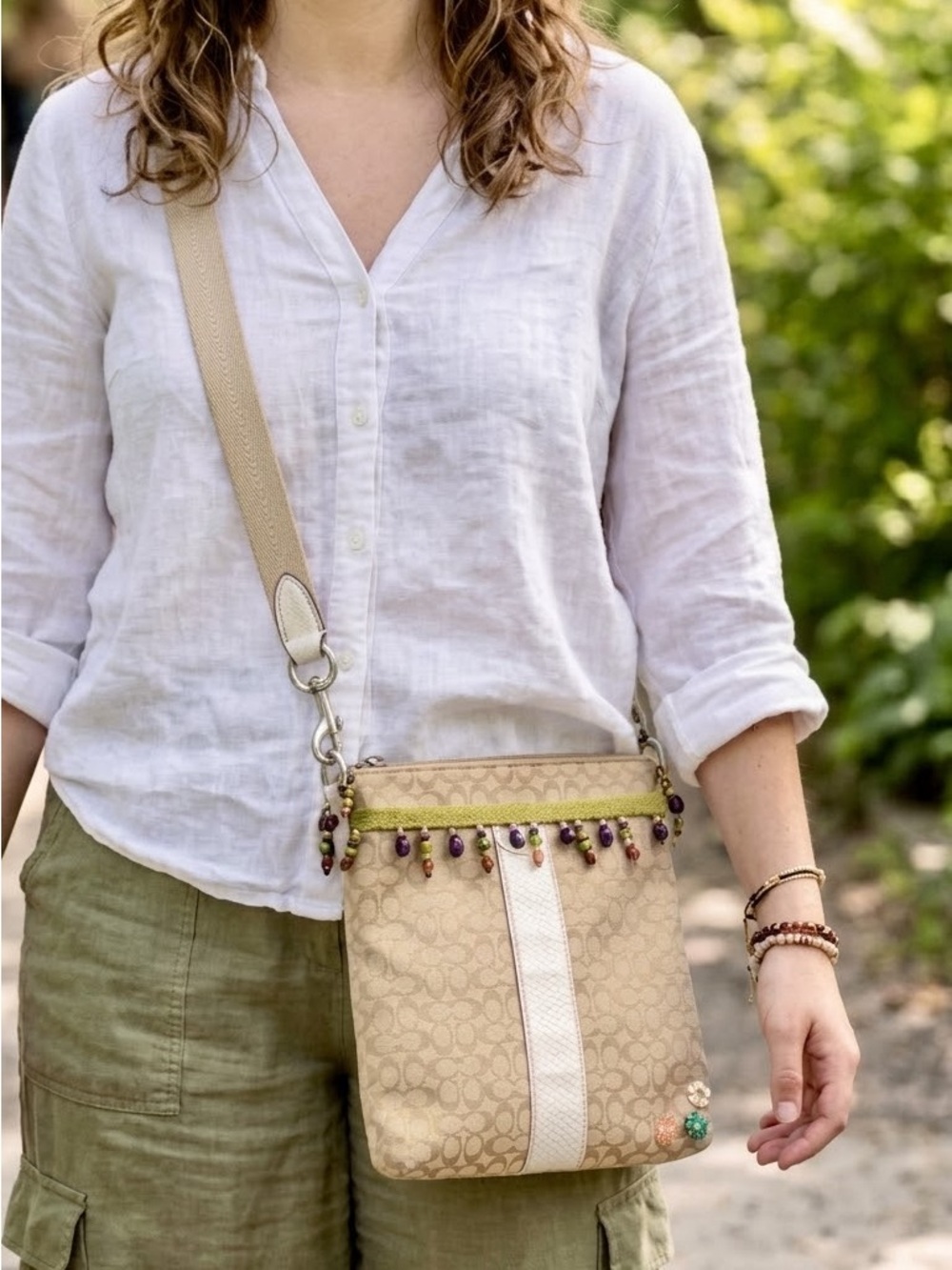 Coach Beige Crossbody with Beaded Trim